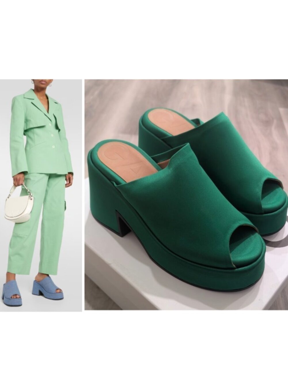 GANNI | Retro Satin Platform Wedge Mule In Kelly Green EU37